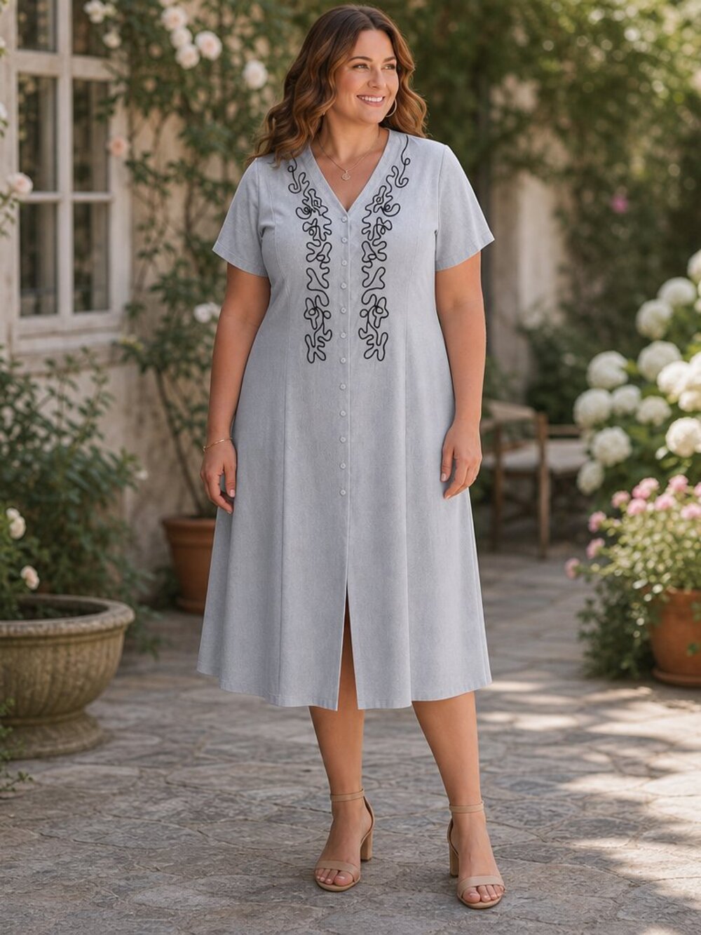 🖤 Sheri Martin Gray Embroidered Midi Dress – Size 14